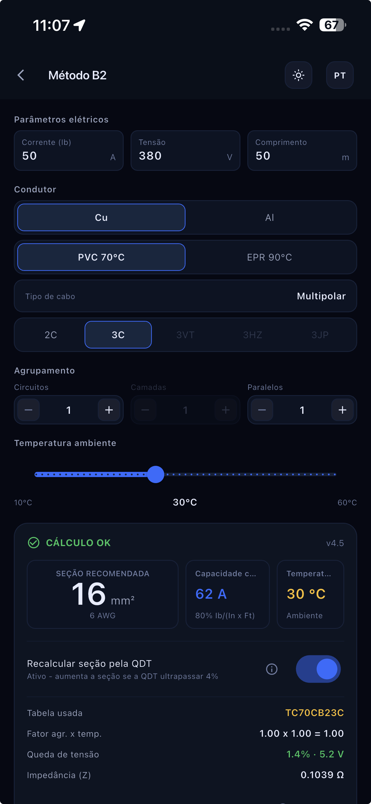 Resultado de dimensionamento de condutor no Voltius